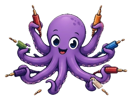 Patch — a purple octopus with a coloured patch plug in every arm